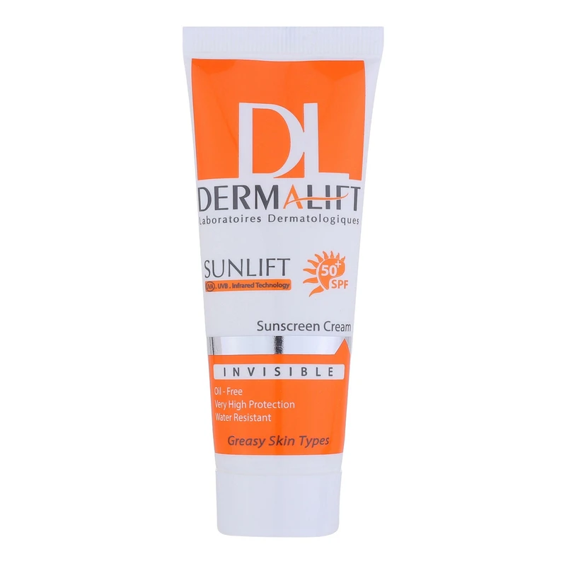 کرم ضدآفتاب بی‌رنگ درمالیفت مدل SPF50 حجم 40 میلی‌لیتر مناسب پوست چرب، ضدآب، محافظت‌کننده در برابر UVA و UVB، مرطوب‌کننده و ضد لک و پیری